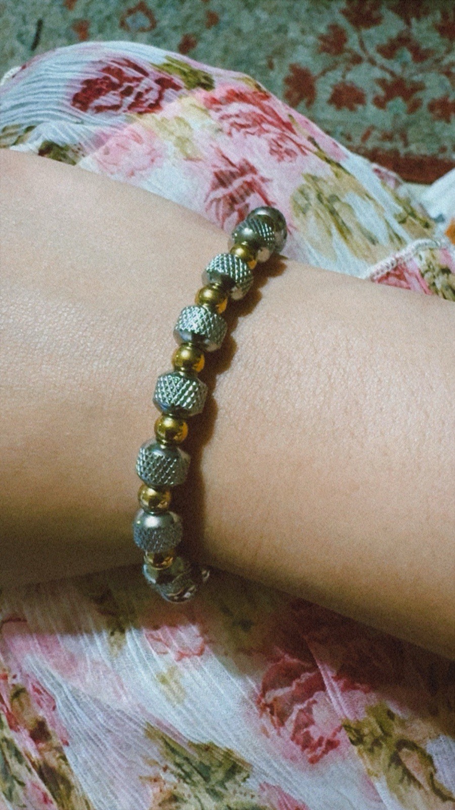 Gold & Silver Tone Stretch Metal Beaded Bracelet w/ Textured Cylinder Beads gallery