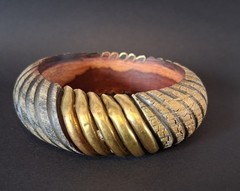 Vintage Carved Wood Bangle Bracelet Brass Spacer Rings Boho Tribal Wide Cuff