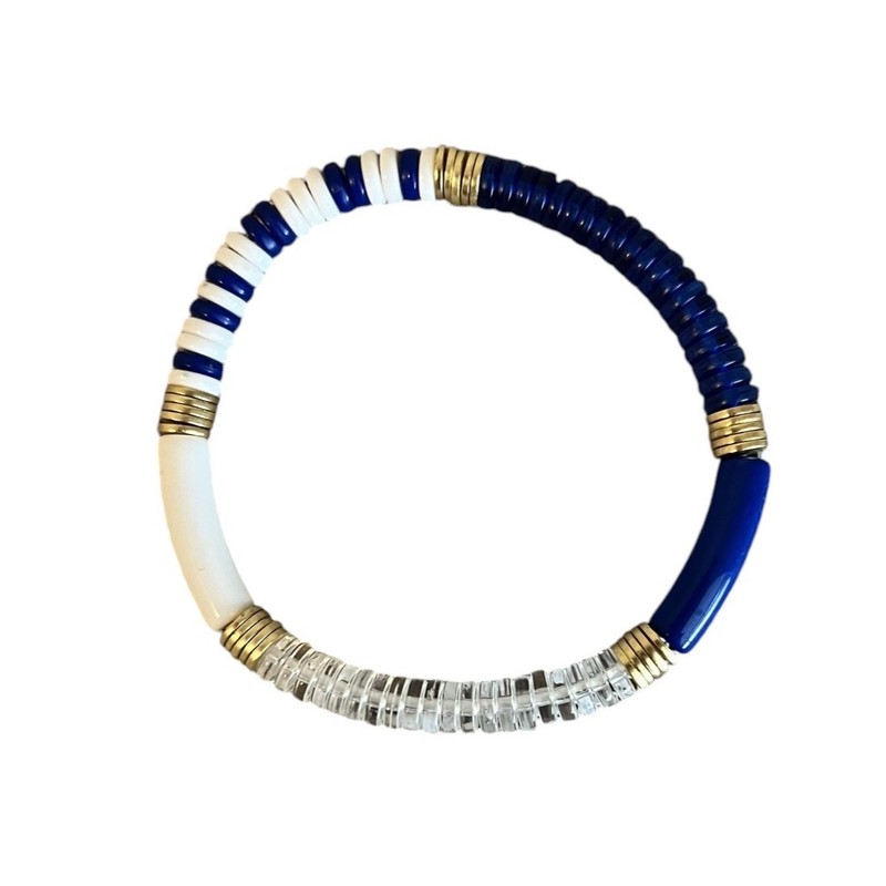 Set of 3 Stretch Bracelets Blue White Gold Tone Beaded Stack Boho gallery