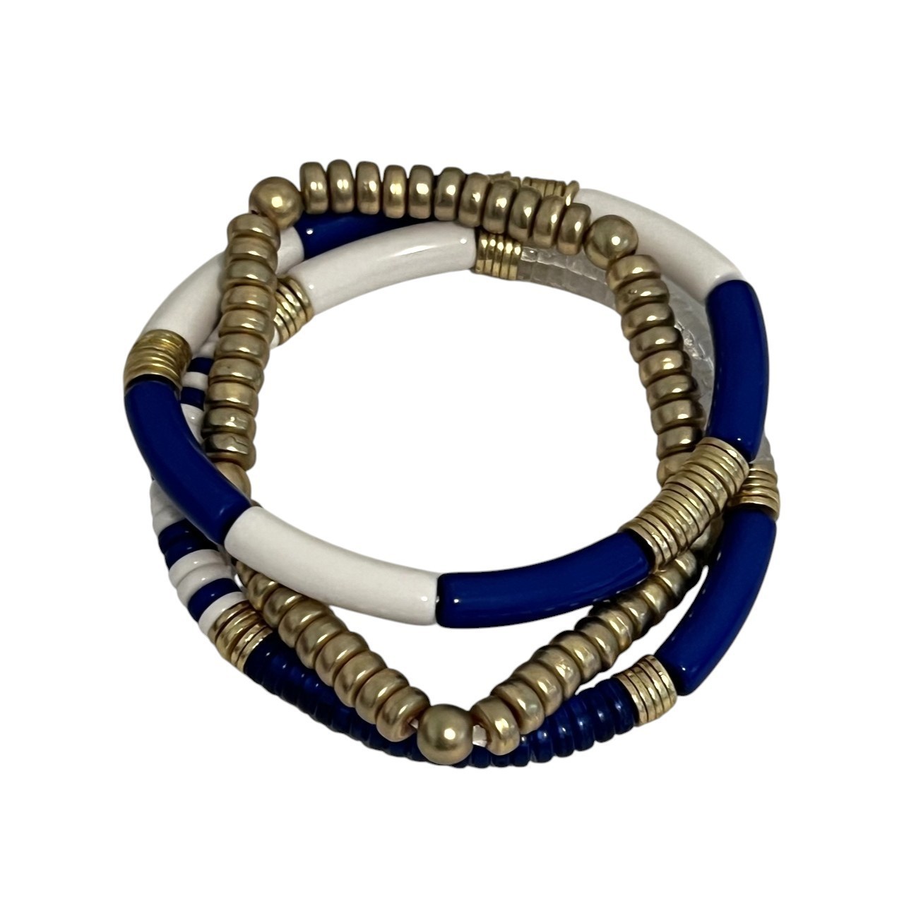 Set of 3 Stretch Bracelets Blue White Gold Tone Beaded Stack Boho gallery