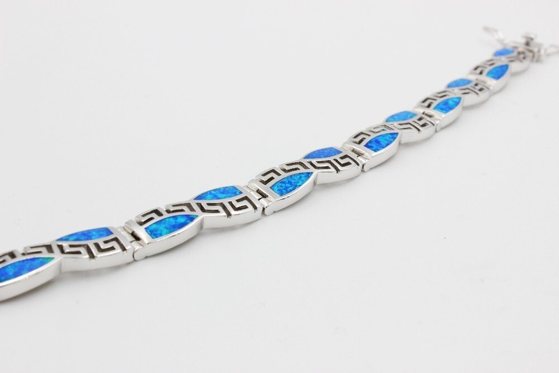 Hawaii Beach Blue Square 925 Sterling Sliver Fire Opal Bracelet 18cm gallery