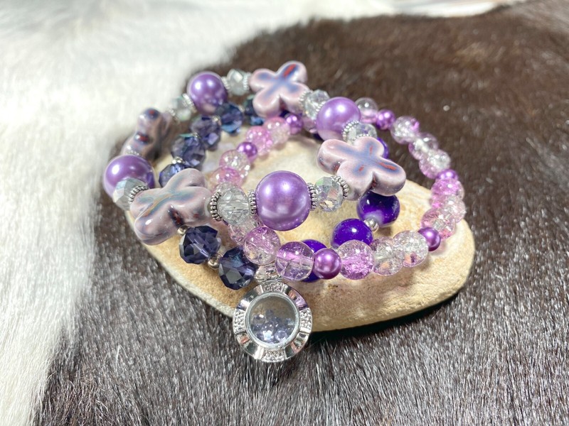 Beaded Boho Bracelet Stack Beaded PURPLE Cross Sparkle Stretch Bracelet gallery