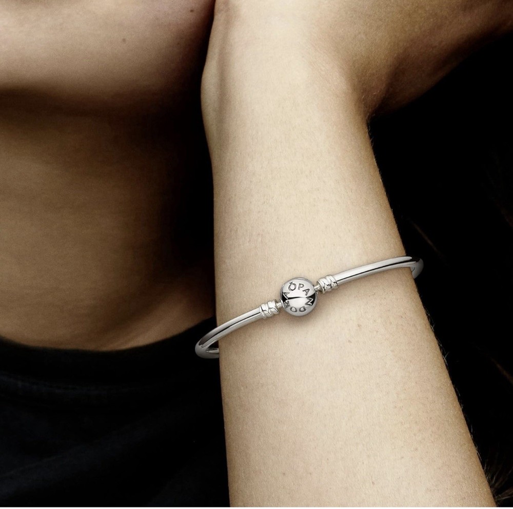 PANDORA Sterling Silver Snake Chain Charm Bangle Bracelet Ball Logo Clasp Signed