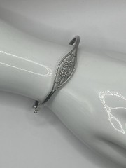 Sterling Silver Hinged Bangle Bracelet Palm Tree Pavé Round Diamonds Beach