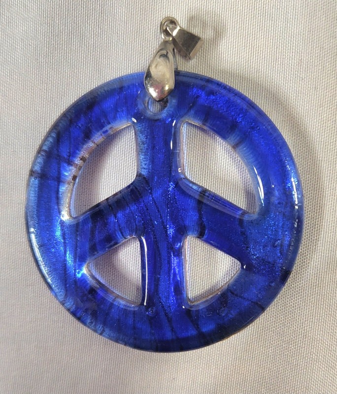 Vintage Blue & Silver Glass Peace Sign Pendant & Peace Bracelet gallery