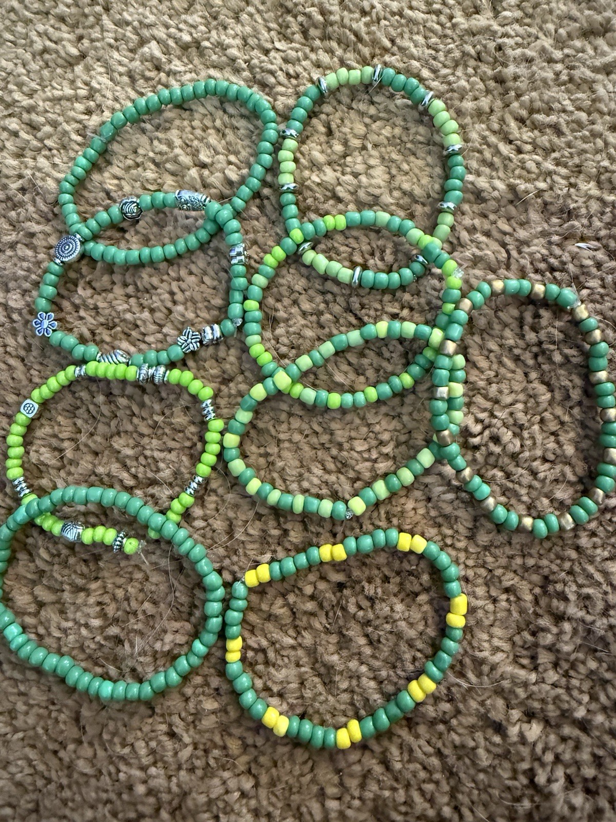 Green Yellow Glass Metal Beaded Stackable Bracelets Set Handmade Round Fashion gallery