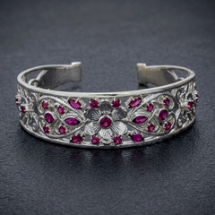 Antique Floral Silver Cuff with Red Ruby Gemstone, Handmade Jewelry