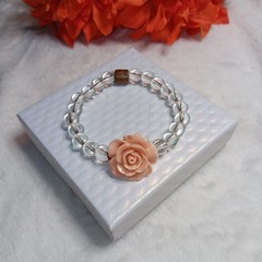 Elegant Pink Rose Beaded Bracelet with Clear Beads Gift