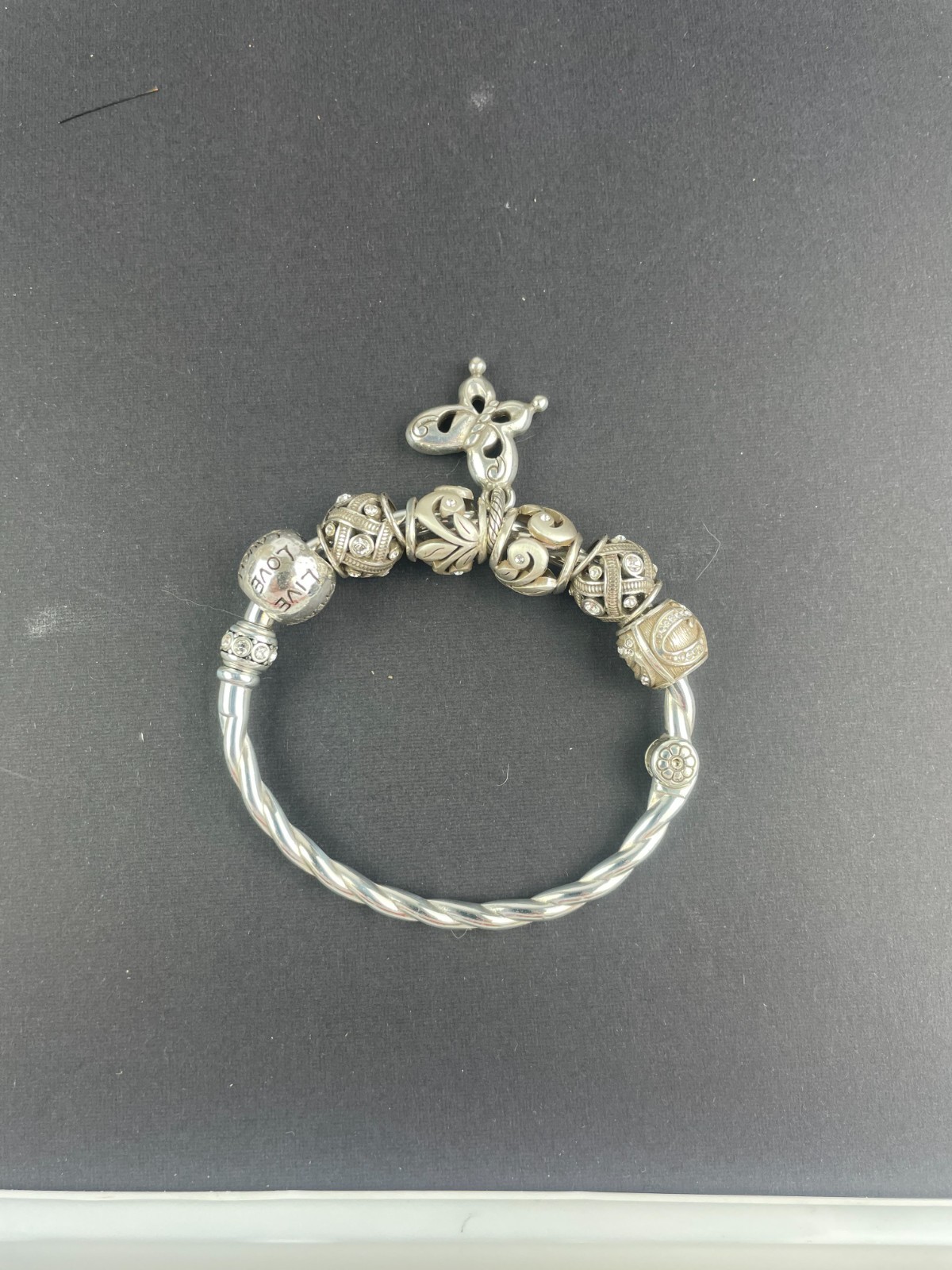 Silver Tone Charm Bangle Bracelet Scroll Beads Magnetic Snap - 9" Circumference gallery