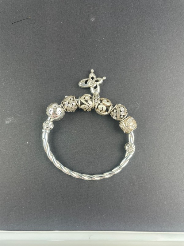 Silver Tone Charm Bangle Bracelet Scroll Beads Magnetic Snap - 9" Circumference gallery