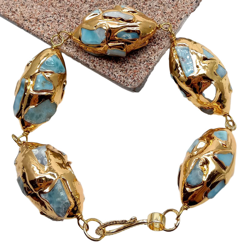 Natural Blue Larimar Gold Plated Olive shape Bracelet gallery