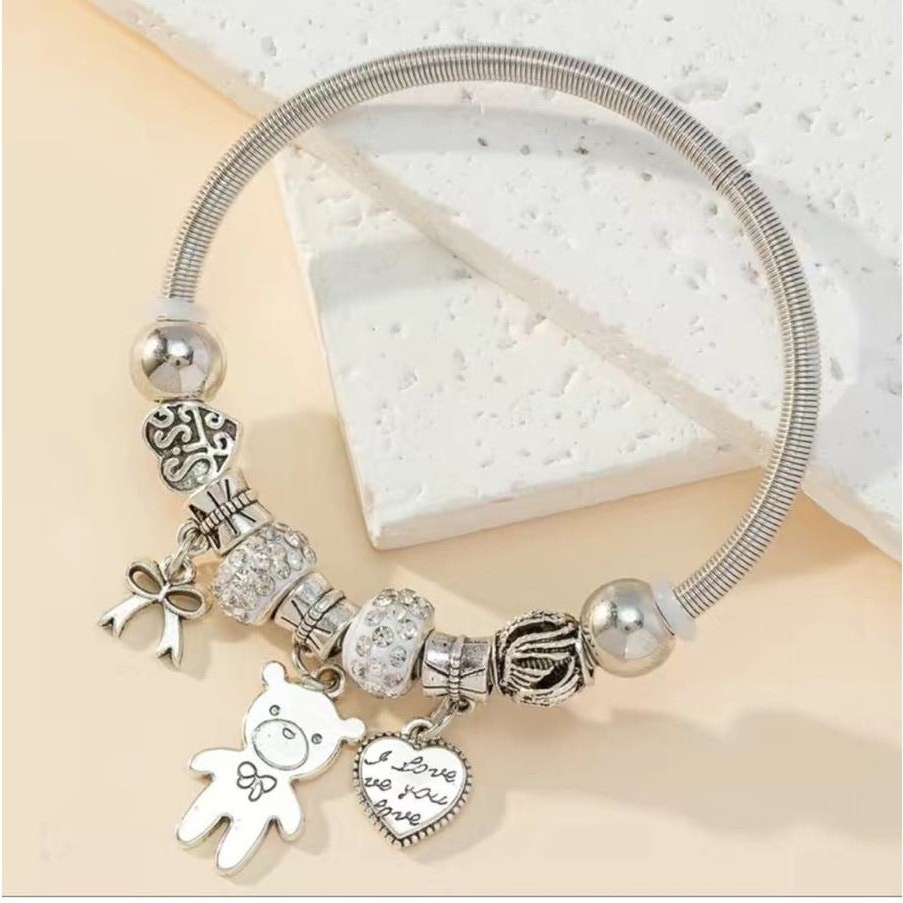 Beaded I Love You Bear Charm Zinc Alloy Open Cuff Bangle Bracelet gallery