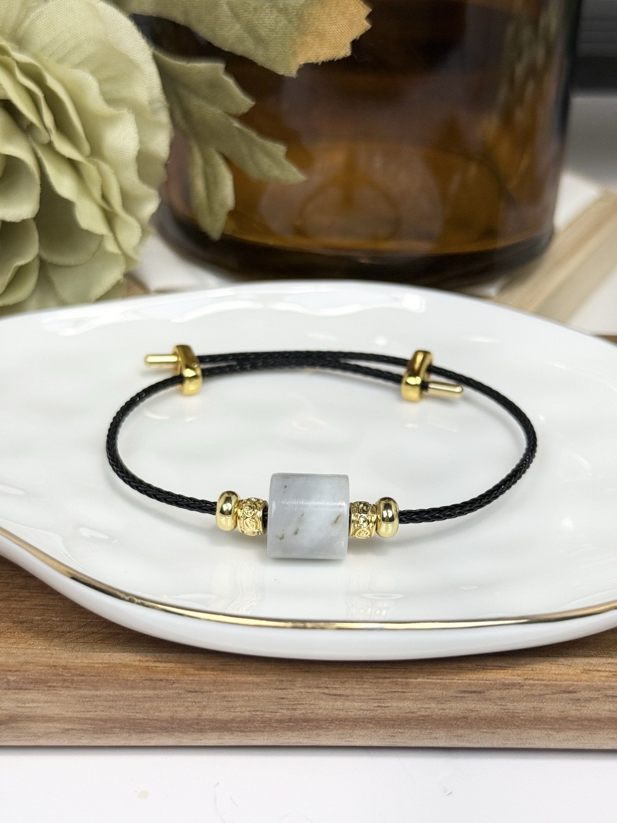 Hetian Jade Grey Barrel Pendant Bracelet 12.4MM on Black Adjustable Nylon Cord gallery