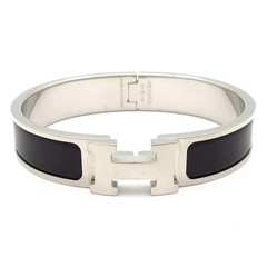 HERMES Clic H Silver Black Hardware Patent Leather None Bangle