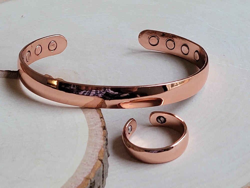 Solid Copper Magnetic Bracelet Ring Set Arthritis Men Women Cuff Ring Set Dome