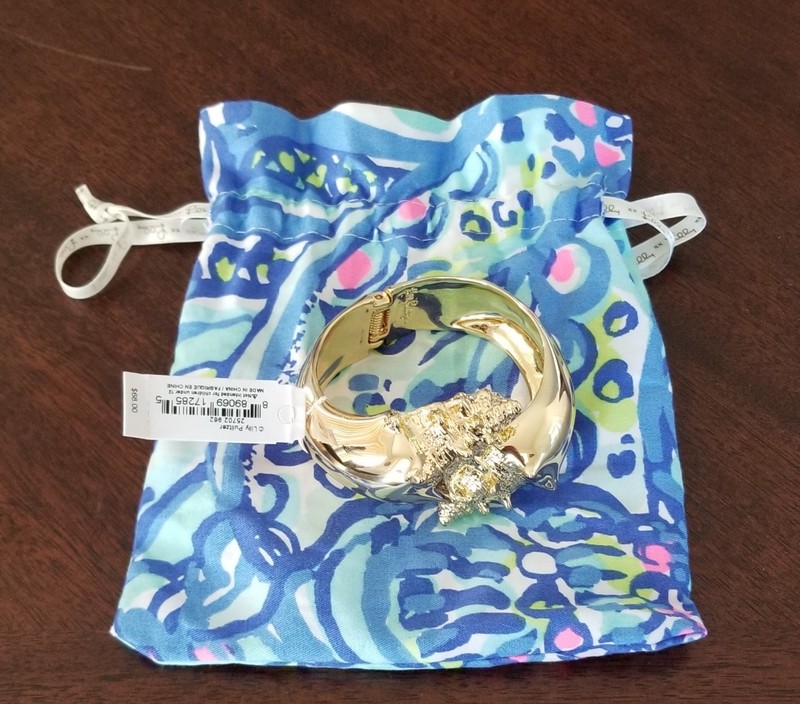 NWT ~ Lilly Pulitzer Conch Shells Gold Tone Wide Hinged Cuff Bracelet with Pouch gallery