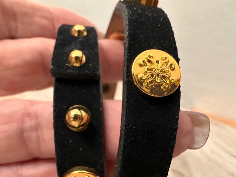 Rustic Cuff Thin Black Wrap Bracelet Gold Charm and Cross Accents gallery