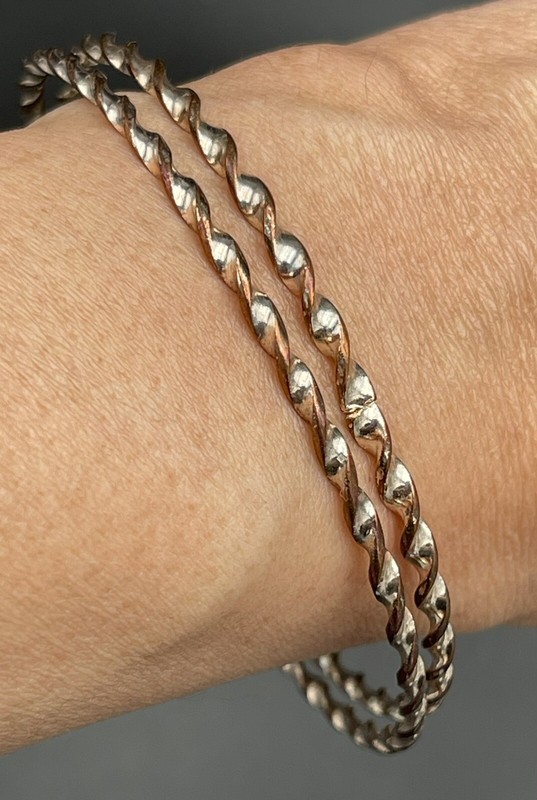 2 Twisted Silver and Brown Tones Thin Simple Chic Metal Bangle Bracelets gallery
