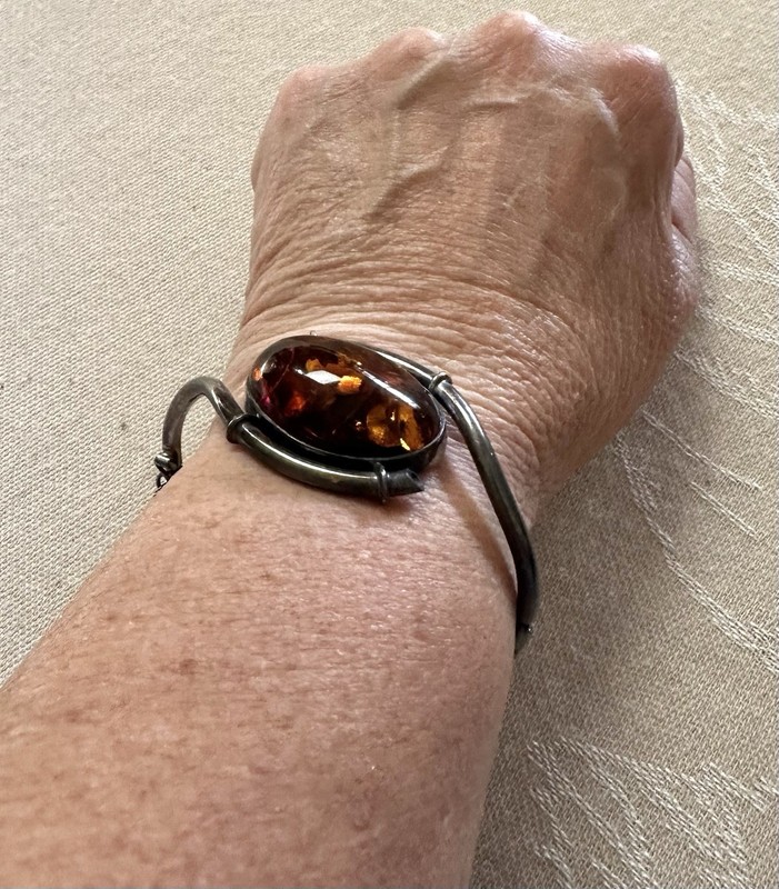 Vintage Amber Cuff Bracelet Large Oval Amber Cabochon Silver Tone Hinged Bangle gallery