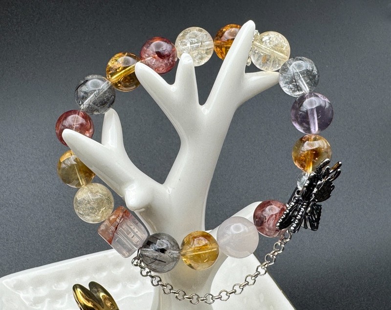 Handcrafted Natural Crystal Bracelet MultiColored Quartz with Resin Flowers gallery