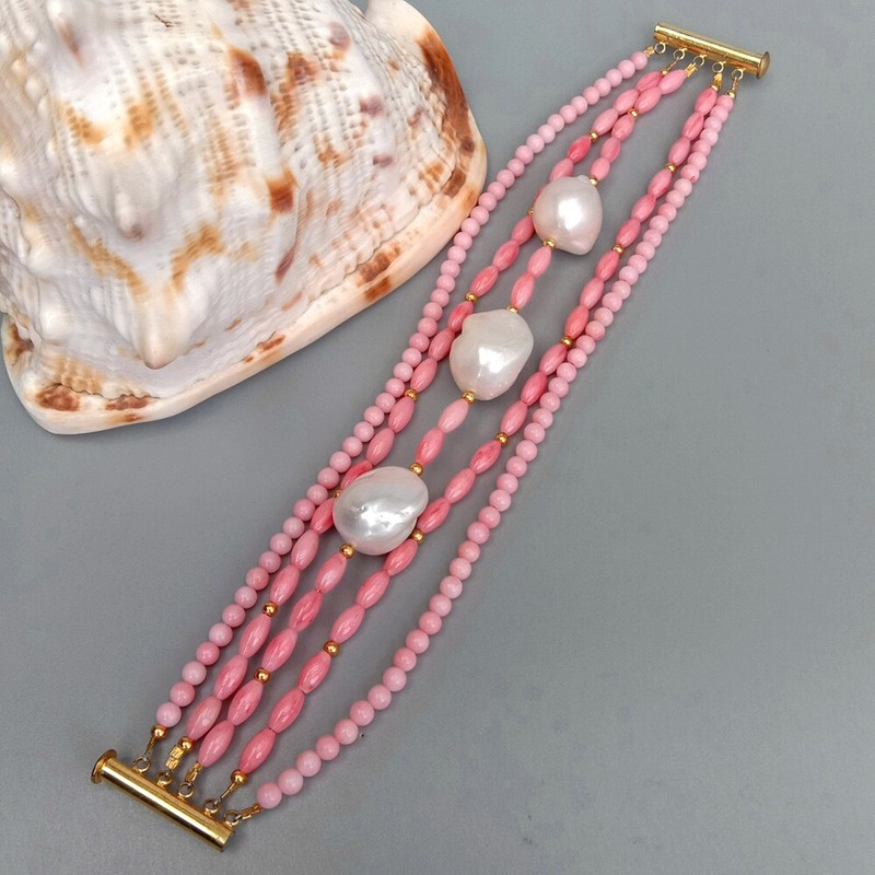 8" 5 rows Freshwater Cultured White Keshi Pearl Pink Coral Bracelet gallery