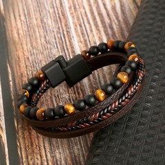 Men’s Layered Braided Leather Beaded Bracelet