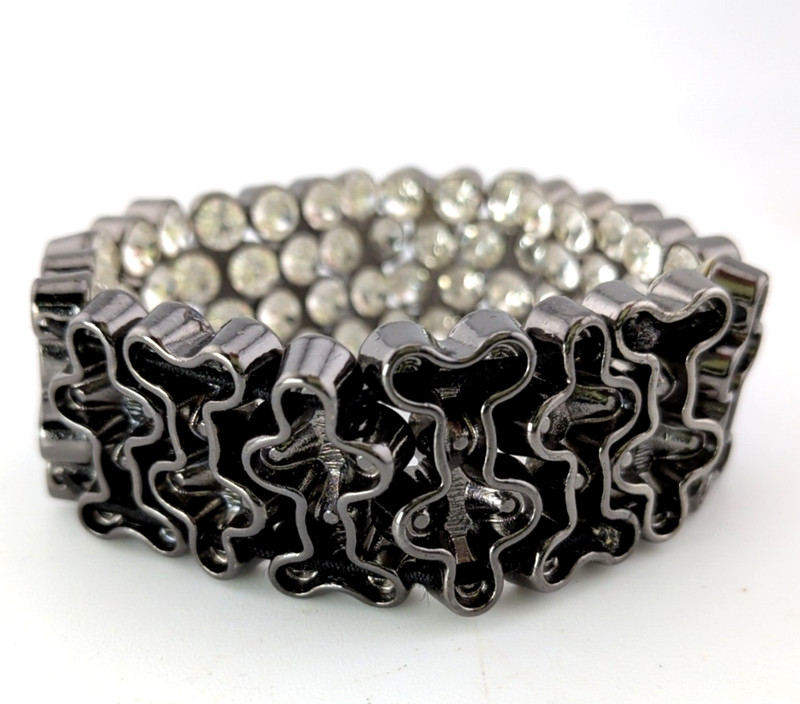 Large Rhinestone Stretch Bracelet w/ Gunmetal Finish Statement Chunky Glam 1" gallery