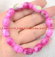 Natural 8x12mm Barrel Red Green Multicolor Jade Gems Elastic Bracelet 7.5” AAA