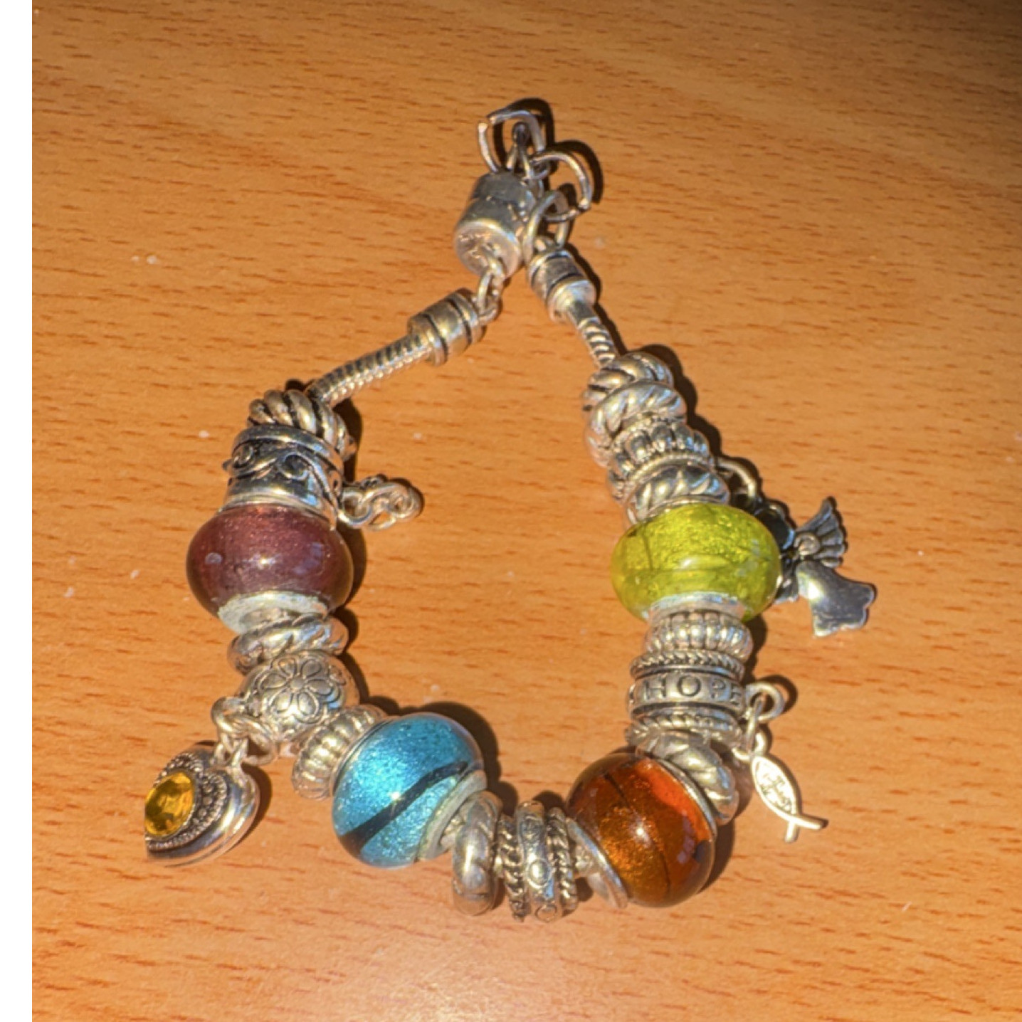 Snake Chain Beaded Charm Bracelet Multicolor Glass Beads Angel Lobster Closure gallery