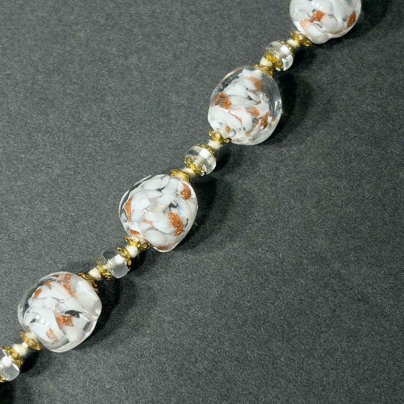 Murano Art Glass Bead Bracelet White Copper Foil Accent Gold Tone Clasp Unique gallery