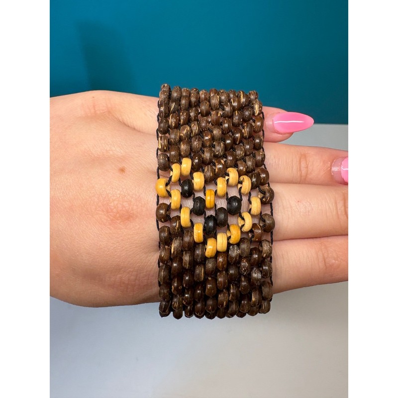 Handmade Wood Bead Stretch Cuff Bracelet Brown Heart Motif Wide Boho gallery