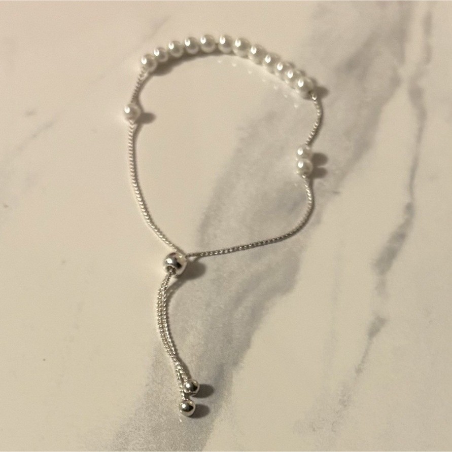 Silver Beaded Adjustable Bolo Bracelet with White Round Imitation Pearl gallery
