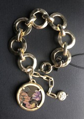 NWT PATRICIA NASH Hammered Link Gold Tone Leather Floral Inset Charm Bracelet