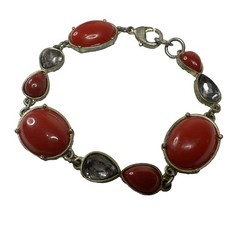 Tennis Bracelet Enamel Red Rhinestone Faceted Costume Jewelry 7″ Long Dainty