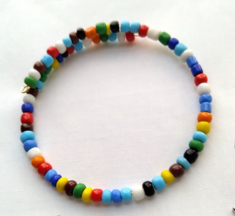 One Multicolor Random Glass Seed Bead Wire Wrap Bracelet Handmade Boho Chic Mod