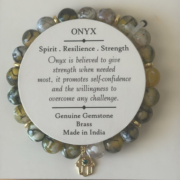 Shivam Onyx Green Gemstone Stretch Bracelet with Brass Hamsa Accent India NEWW