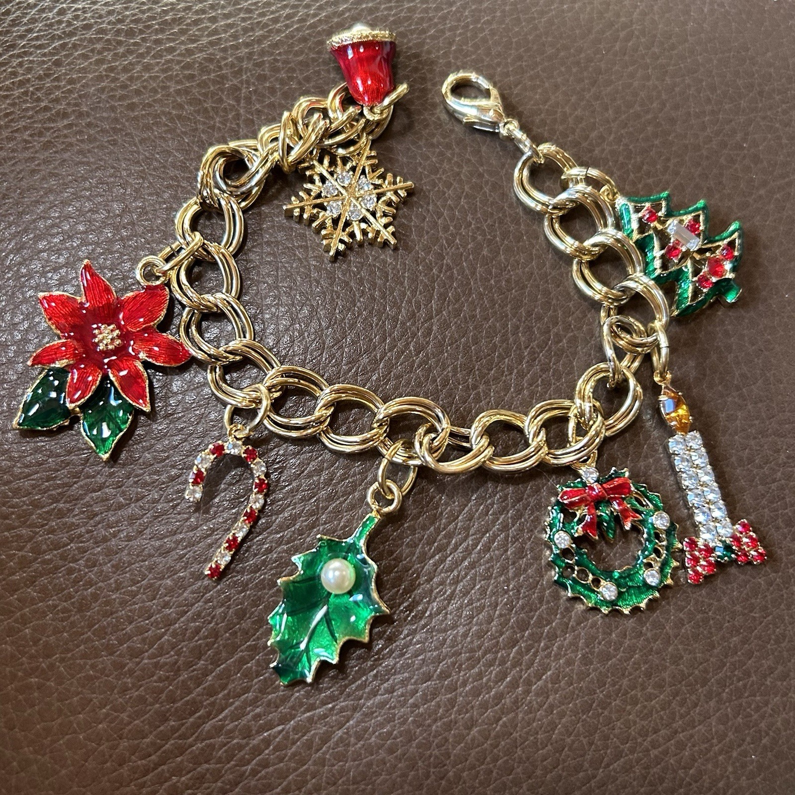 Gold Tone Christmas Enamel Rhinestone Charm Bracelet gallery