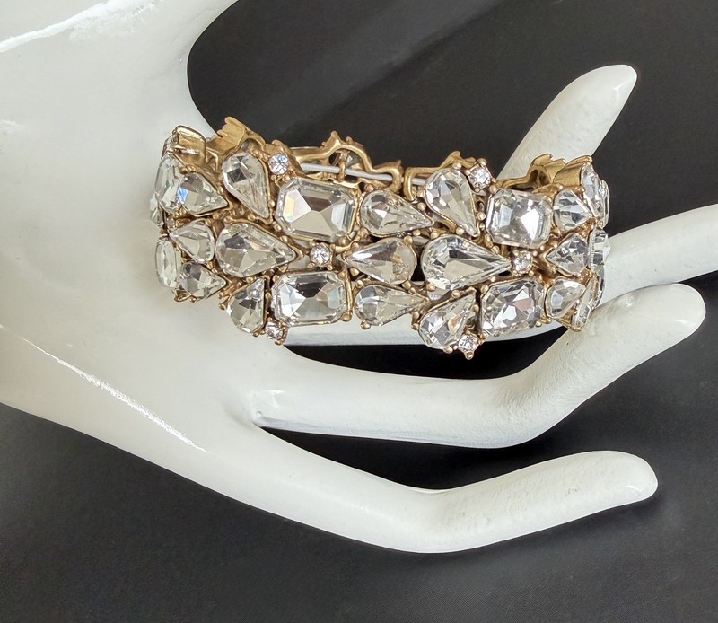 J. Crew Statement Bracelet Gold Tone Clear Crystal Cluster Stretch Wedding gallery