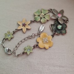 PILGRIM Enamel FLORAL BRACELET Silver Tone GREEN and YELLOW