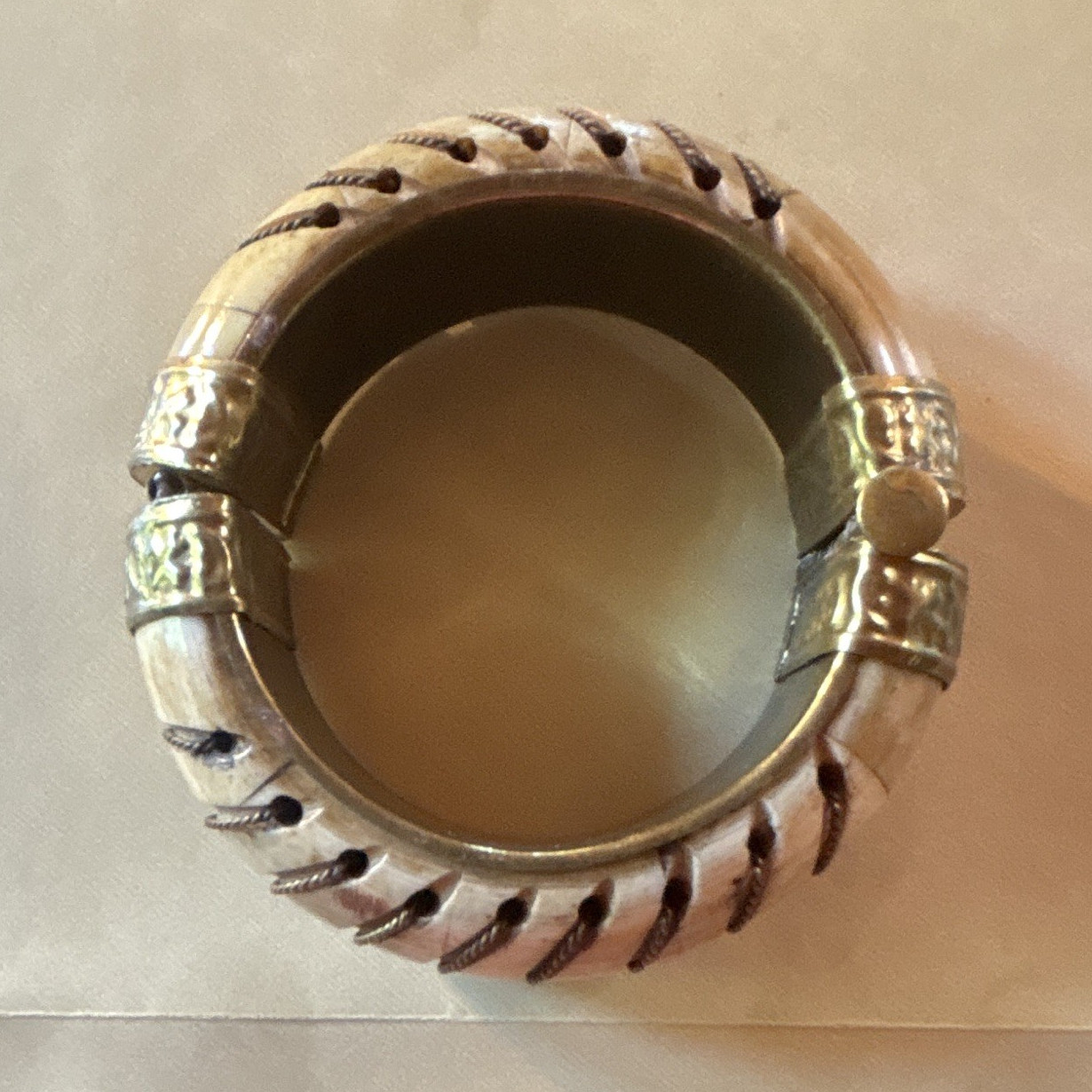 Wrapped Stitch Detail ivory Round Bangle Bracelet GoldTone Accents Beige. gallery