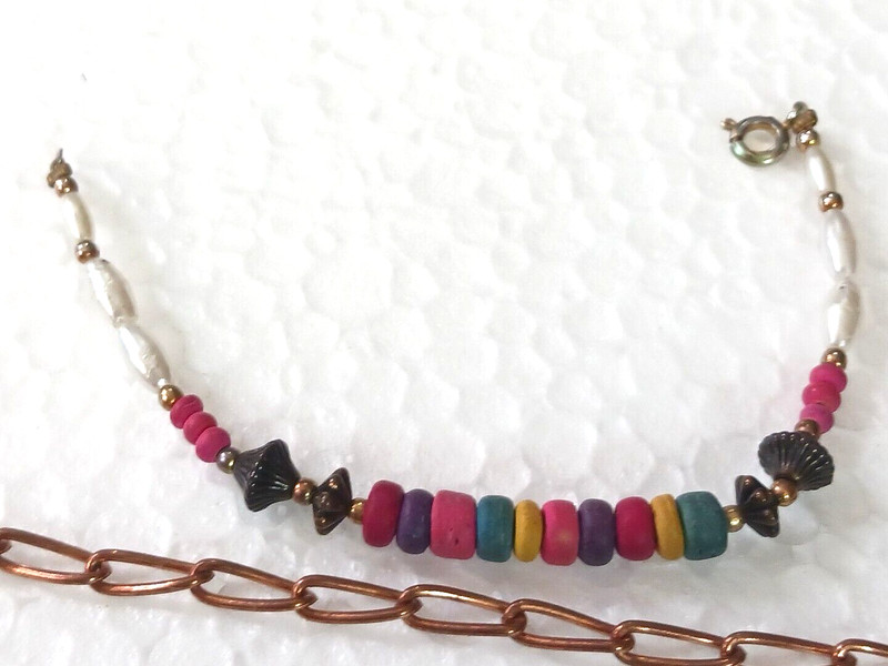 Avon teddy bear bracelet, solid copper chain, purple stone, heart beads. all 8 gallery