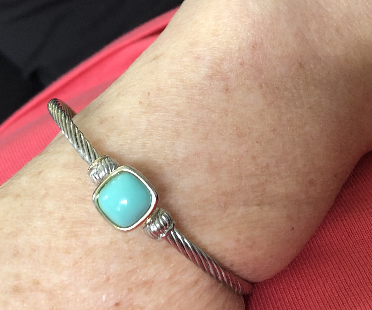 Threaded Bangle Square 3/8” Aqua Stone Hook Closure Twisted Cable Easy On & Off gallery