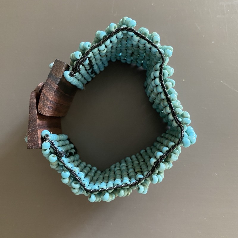 Turquoise Blue Glass Seed Bead Wood Stretch Bracelet Boho 4.5 cm Wide 21 cm Long gallery