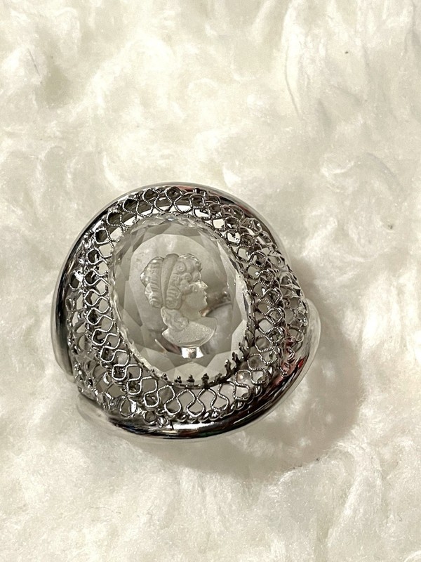 WHITING & DAVIS Cameo Bracelet Clear Intaglio Hinged Clamper Silvertone Large gallery