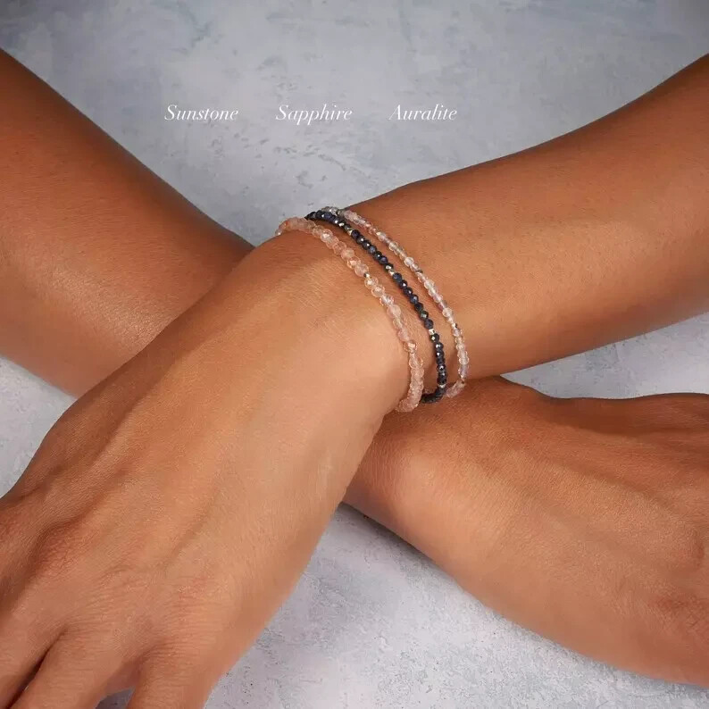 925 Sterling Silver Sapphire Beads Delicate Minimalist Healing Women's Bracelet gallery
