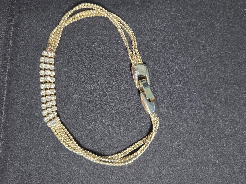 Gold Tone Multi Strand Crystal Rhinestone Bracelet 7.25" Foldover Clasp gallery