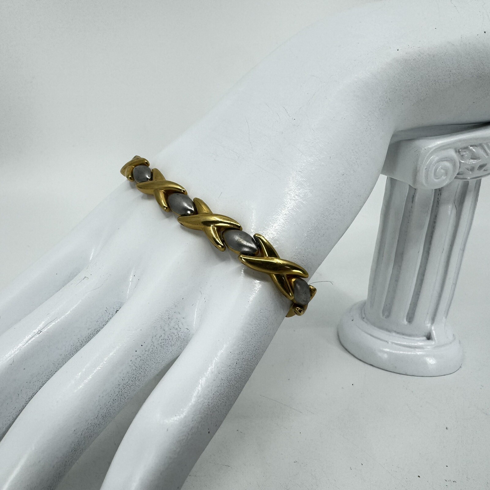 24k Gold Plated Two Tone Puffy XOXO Criss Cross Bracelet 7.5mm Wide 8” Long gallery