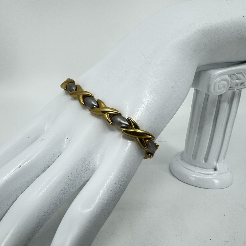 24k Gold Plated Two Tone Puffy XOXO Criss Cross Bracelet 7.5mm Wide 8” Long gallery