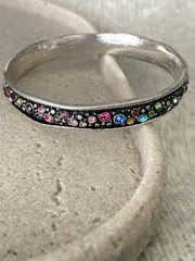 Silver Tone Multicolor Rhinestone Bangle Bracelet Black Colorful Rainbow