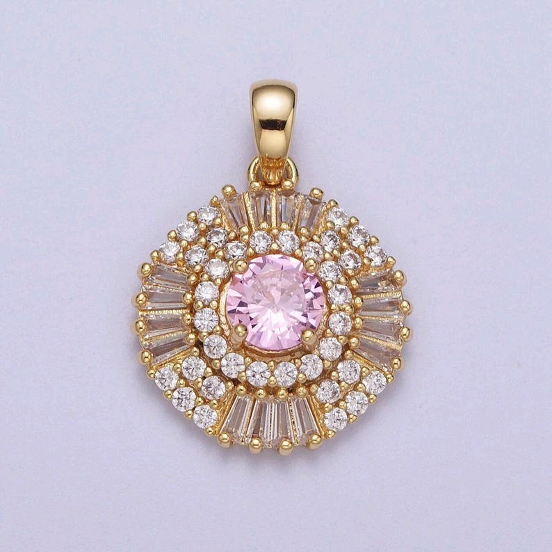 24K Gold Filled CZ Circle Pendant Pink Micro Pave Baguette Charm gallery